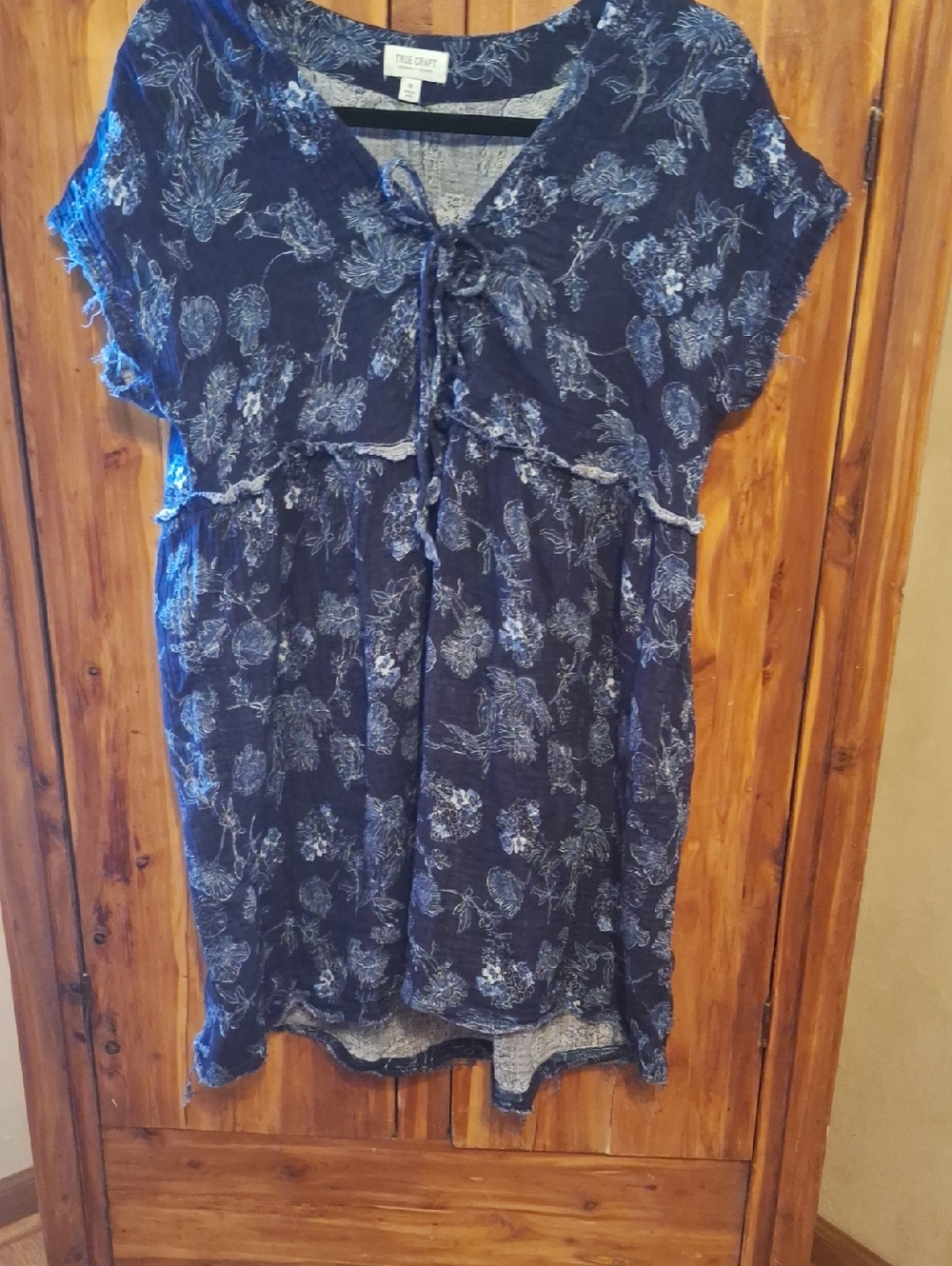 True Craft Navy Blue Floral Tie-Front Tunic With Fringe.